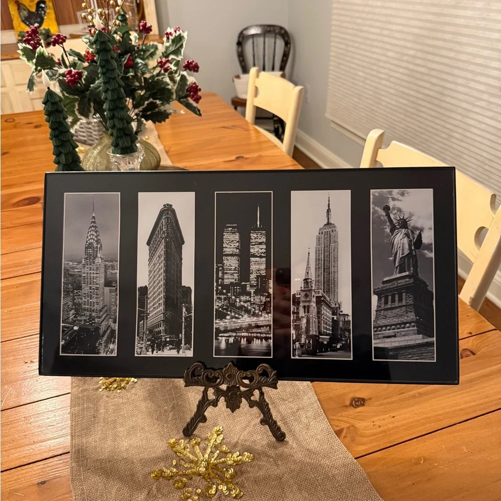 NYC Skyline Wall Frame Black & White-Twin Towers, Empire State Statue of Liberty